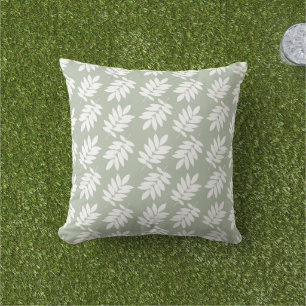 Elder Leaf Pattern White on Green Outdoor Pillow