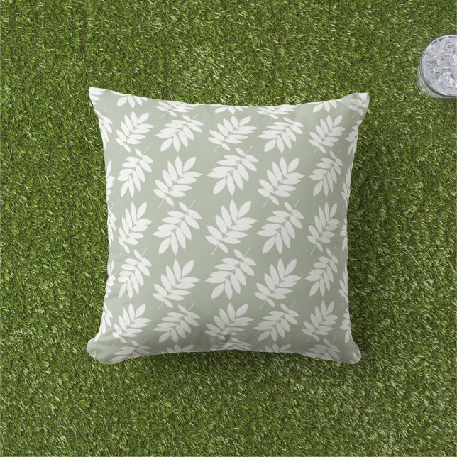 Elder Leaf Pattern White on Green Outdoor Pillow (Grass)