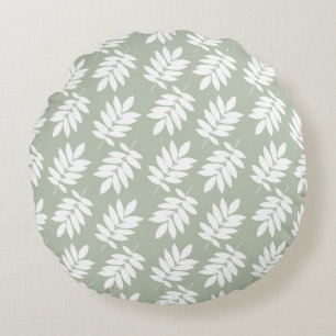 Elder Leaf Pattern White on Green Round Pillow