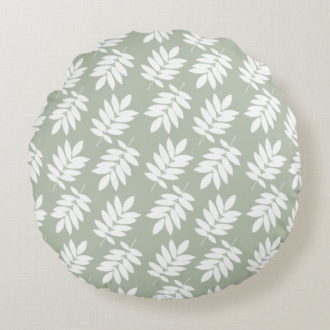 Elder Leaf Pattern White on Green Round Pillow (Front)
