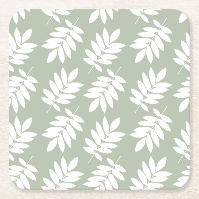 Elder Leaf Pattern White on Green Square Paper Coaster (Front)