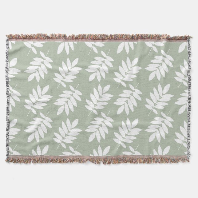 Elder Leaf Pattern White on Green Throw Blanket (Front)