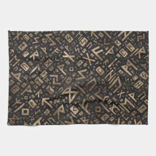 Elder Runes - Futhark Pattern Gold on Black Wood 2 Kitchen Towel