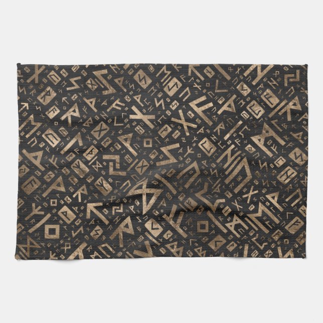 Elder Runes - Futhark Pattern Gold on Black Wood 2 Kitchen Towel (Horizontal)