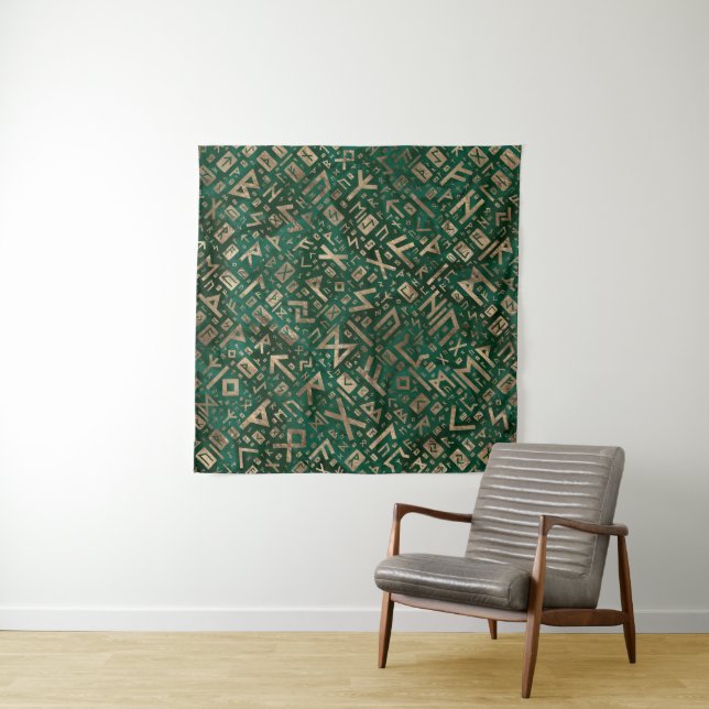 Elder Runes - Futhark Pattern Gold on Malachite #1 Tapestry (In Situ)