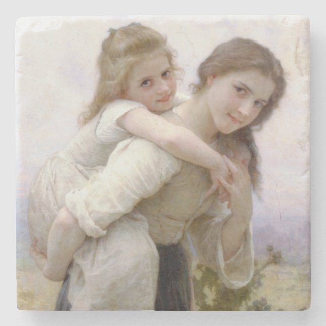 Elder Sister Giving Younger Sister Piggyback Ride Stone Coaster (Front)