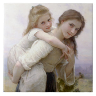 Elder Sister Giving Younger Sister Piggyback Ride Tile