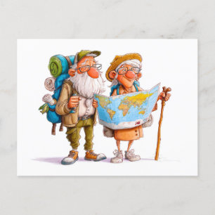 Elderly couple hiking with backpacks and walking s holiday postcard