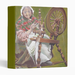 Elderly Irish Woman Crafter At A Spinning Wheel Binder