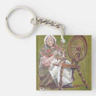 Elderly Irish Woman Crafter At A Spinning Wheel Keychain