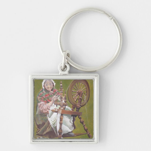 Elderly Irish Woman Crafter At A Spinning Wheel Keychain (Front)