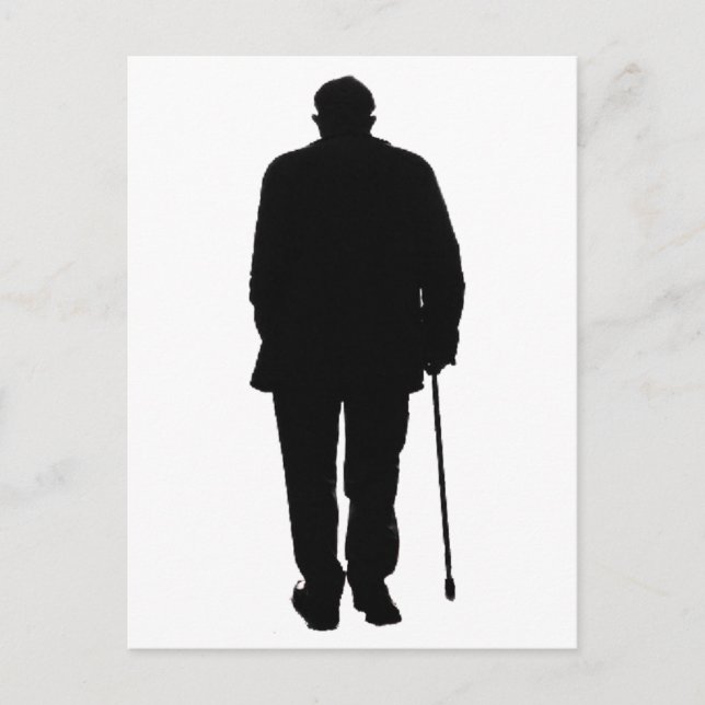 Elderly Man Walking Black Silhouette Drawing Art Postcard (Front)