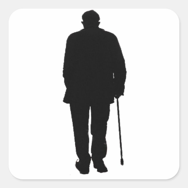 Elderly Man Walking Black Silhouette Drawing Art Square Sticker (Front)