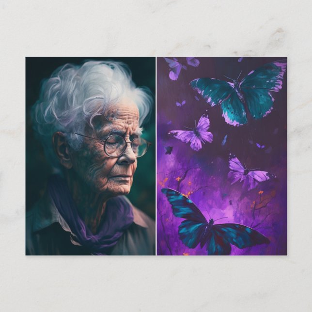 Elderly Woman and Butterflies Postcard (Front)