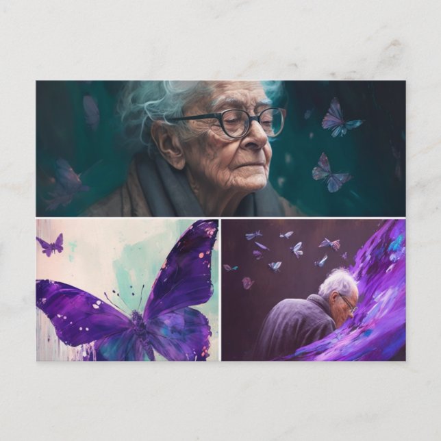 Elderly Woman and Man and Purple Butterflies  Postcard (Front)