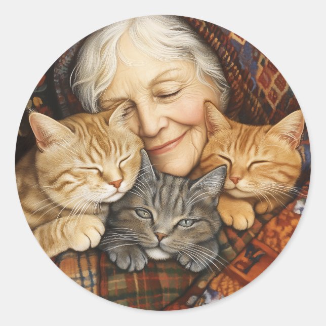 Elderly Woman Embracing Three Cats Cozy  Classic Round Sticker (Front)