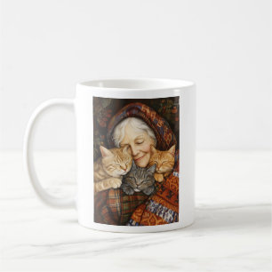 Elderly Woman Embracing Three Cats Cozy Coffee Mug