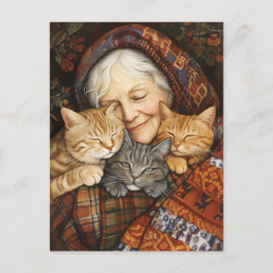 Elderly Woman Embracing Three Cats Cozy  Postcard