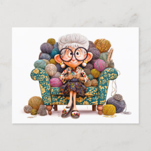 Elderly woman knitting happily surrounded by yarn  holiday postcard