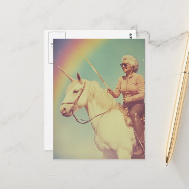 Elderly Woman Riding a Unicorn With a Sword Postcard (Front/Back In Situ)