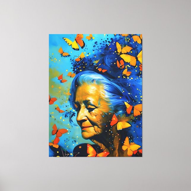 Elderly Woman With Butterflies Canvas Print (Front)