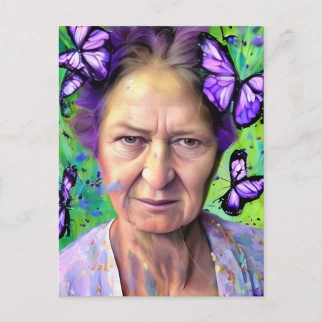 Elderly Woman With Butterflies Green Background Postcard (Front)