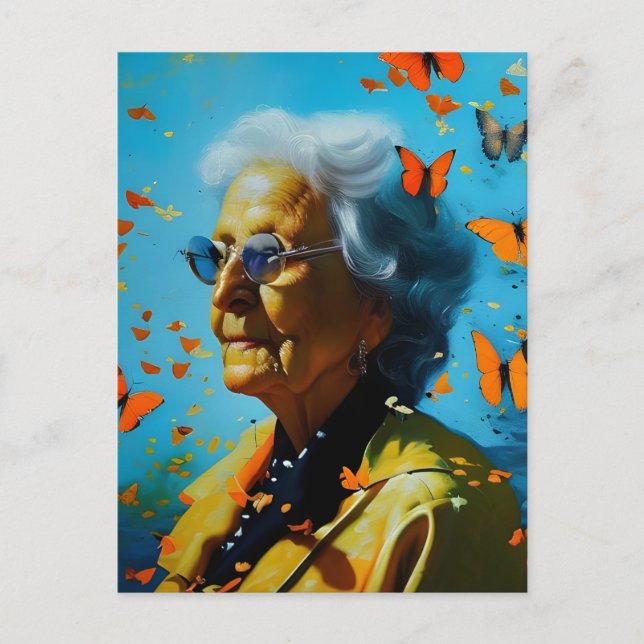 Elderly Woman With Butterflies  Postcard (Front)