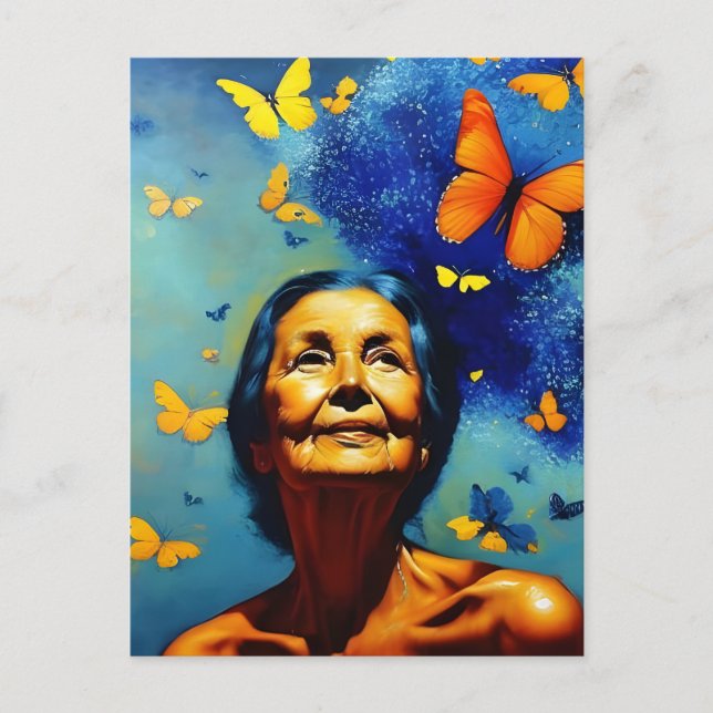 Elderly Woman With Butterflies Postcard (Front)