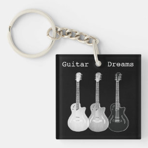 Electric Acoustic Guitar Black and White Art Music Keychain