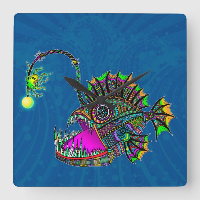 Electric Angler Fish Square Wall Clock (Front)