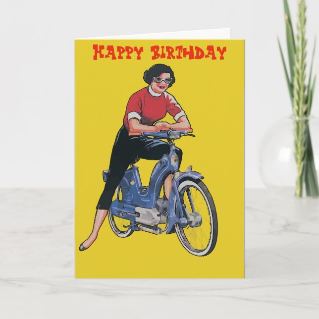 Electric Bike, Vintage Woman, Birthday Card, Card (Front)