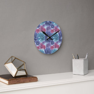Electric Bloom: Glossy Blue and Pink floral  Round Clock