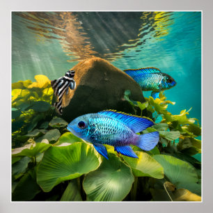 Electric Blue Acara Cichlids Zebra Pleco Fish Art Poster