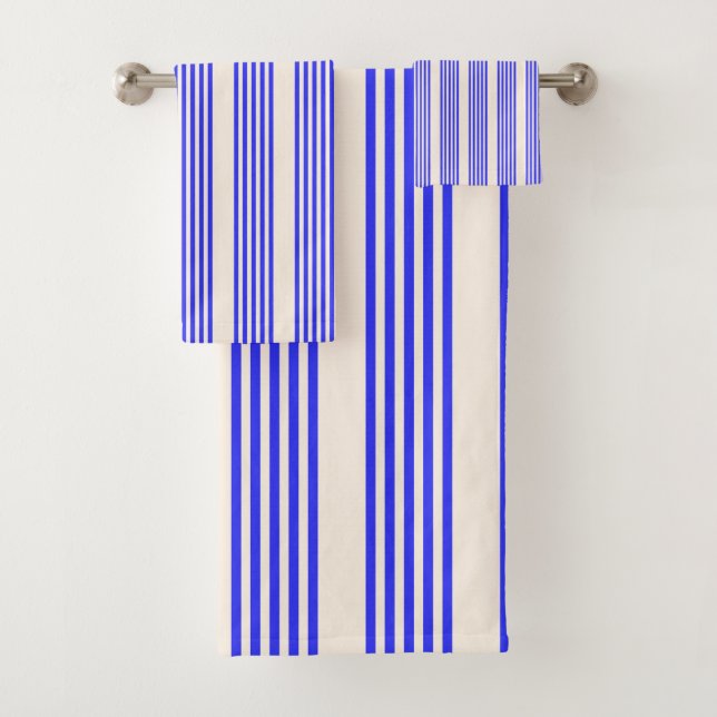Electric blue and beige five stripe pattern bath towel set (Insitu)