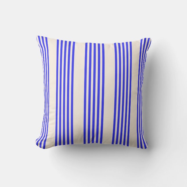 Electric blue and beige five stripe pattern throw pillow (Front)