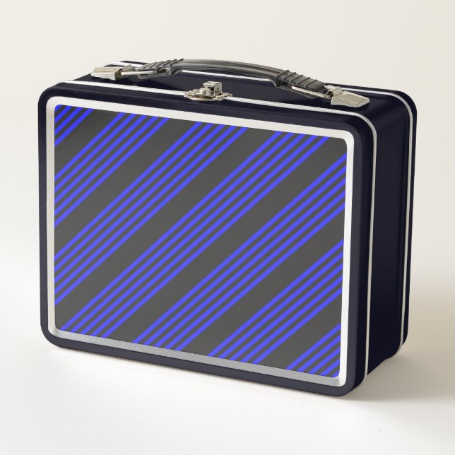 Electric blue and charcoal five stripe pattern metal lunch box (Front)