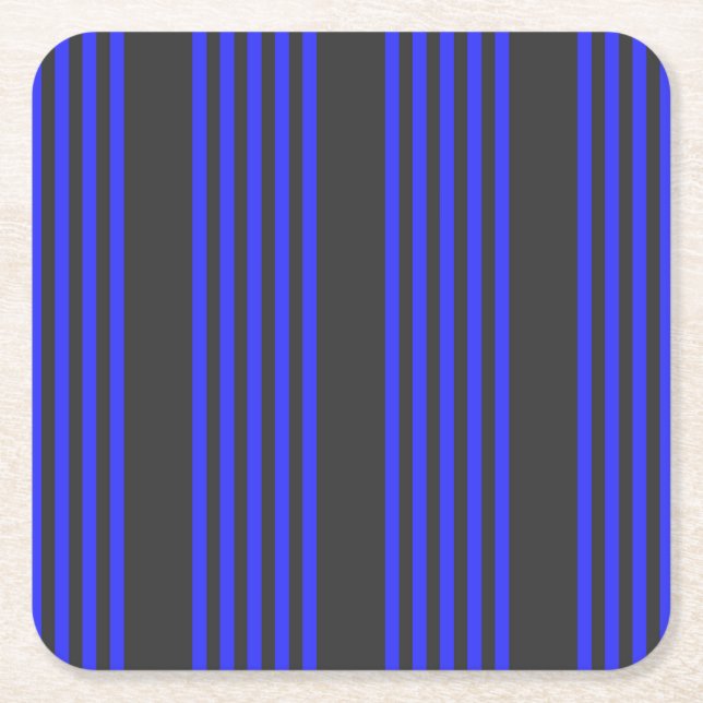 Electric blue and charcoal five stripe pattern square paper coaster (Front)