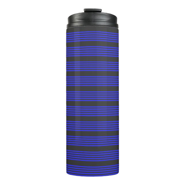 Electric blue and charcoal five stripe pattern thermal tumbler (Front)