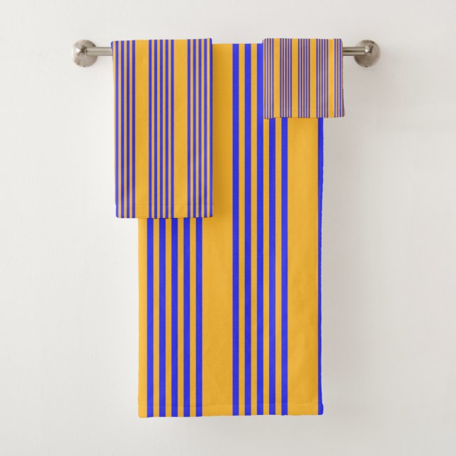 Electric blue and yellow five stripes pattern bath towel set (Insitu)