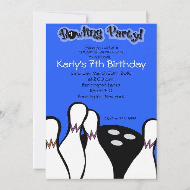 ELECTRIC BLUE Cosmic Bowling Birthday Invitation (Front)