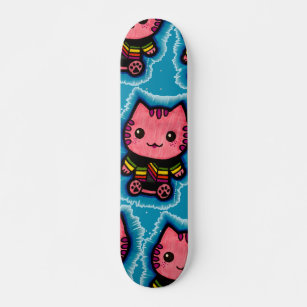 Electric Blue Cute Pink Kitty Cat Optical Illusion Skateboard
