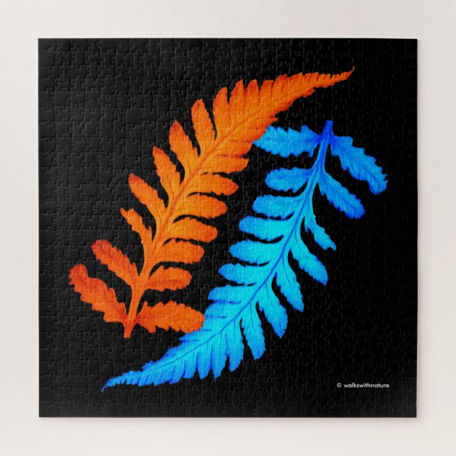 Electric Blue Fiery Orange Japanese Painted Ferns Jigsaw Puzzle (Vertical)