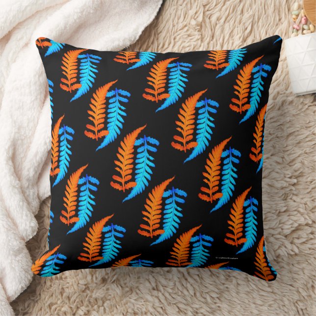 Electric Blue Fiery Orange Japanese Painted Ferns Throw Pillow (Blanket)