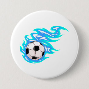 Electric Blue Flaming Soccer Ball Sports 3 Inch Round Button