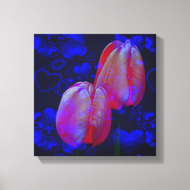 Electric Blue Hearts And Pink Tulips Floral Art Canvas Print (Front)