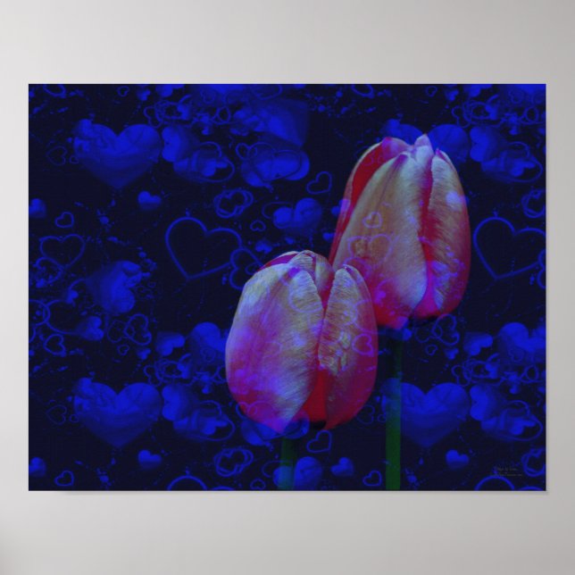 Electric Blue Hearts And Pink Tulips Floral Art Poster (Front)