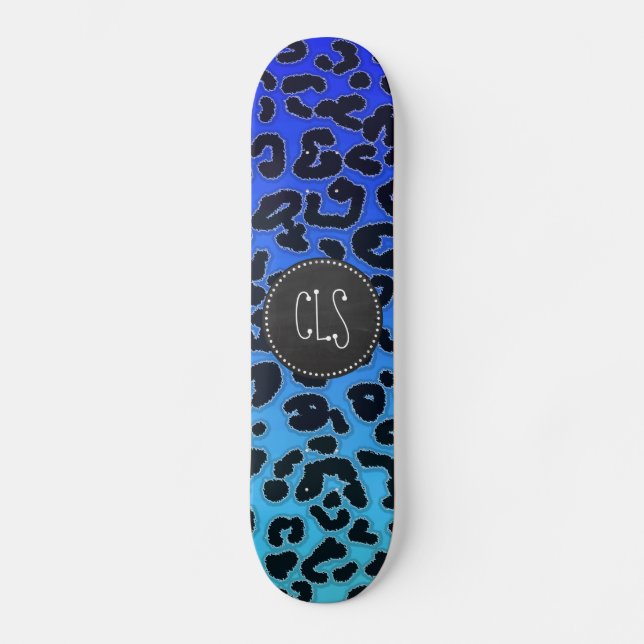 Electric Blue Leopard Print; Chalkboard look Skateboard (Front)