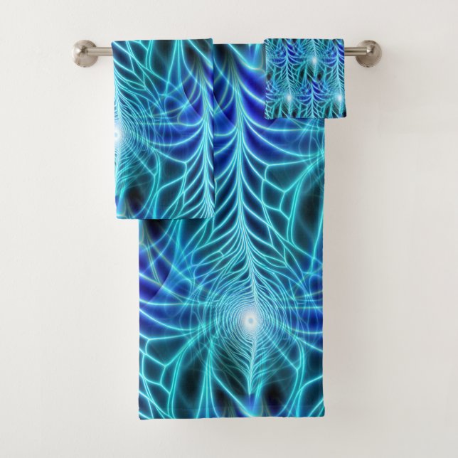 Electric Blue Luminous Fractal Repeating Pattern Bath Towel Set (Insitu)