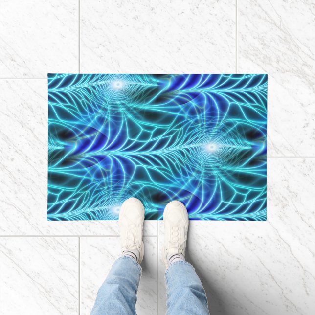 Electric Blue Luminous Fractal Repeating Pattern Doormat (Indoor)