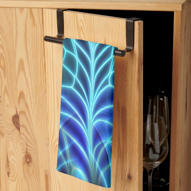 Electric Blue Luminous Fractal Repeating Pattern Kitchen Towel (Thirds Fold)